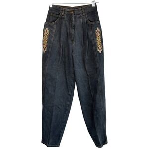Vintage Together High Rise Pleated Embroidered Baggy Statement‎ Jeans Sz 8 Folk